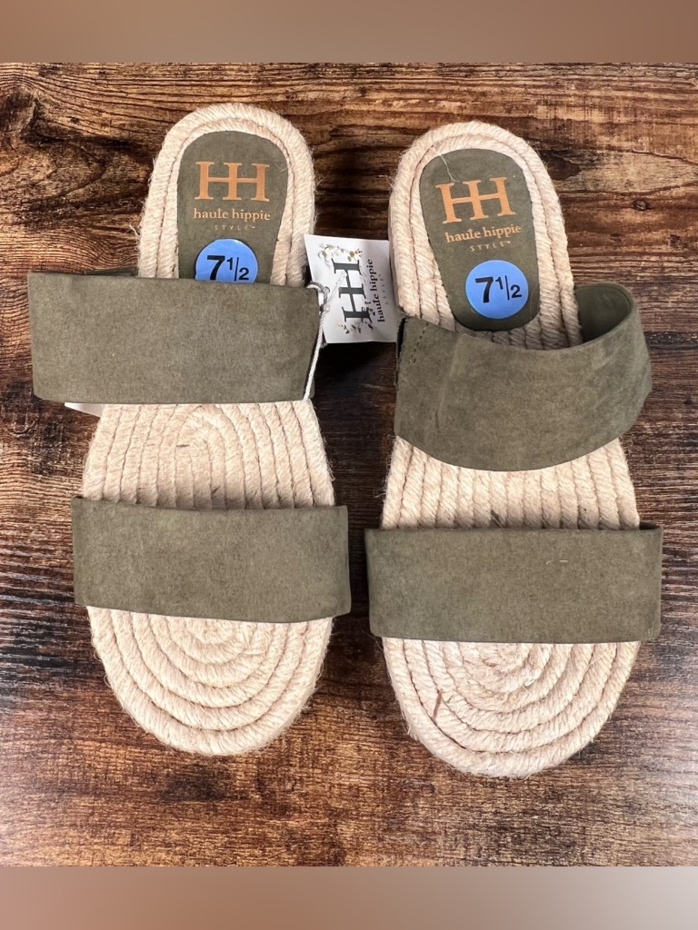 Haute Hippie Sandals Nori Espadrille Slide Green Faux Suede Double Strap NWT 7.5 - Picture 3 of 10